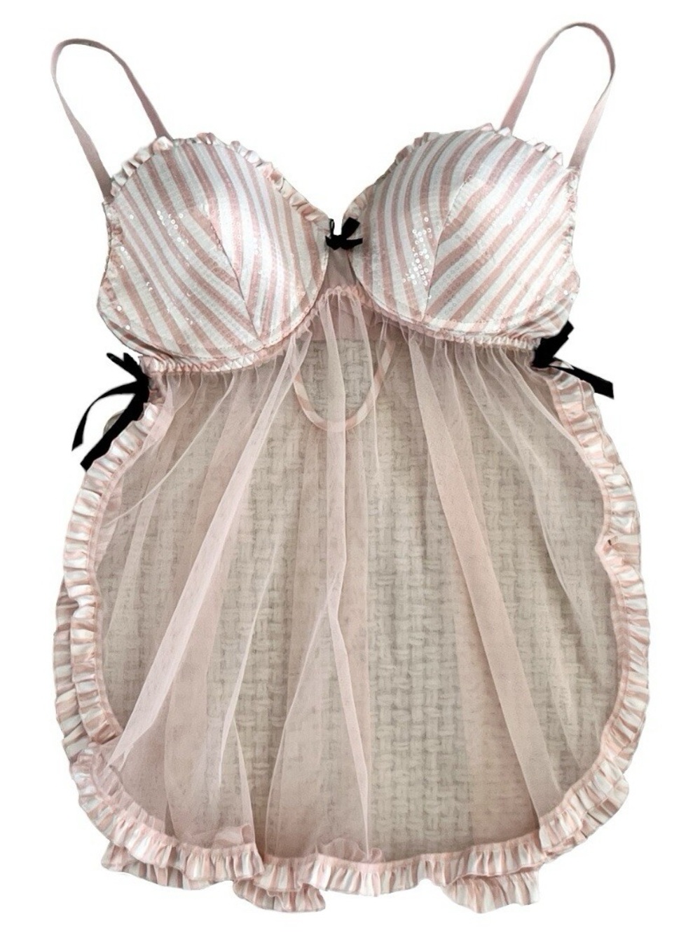 Sheer Pink Striped Babydoll Chemise with Ruffle Trim Victoria Secret lingerie